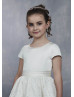 Short Sleeves Pearl Neck Ivory Satin Floral Lace Flower Girl Dress